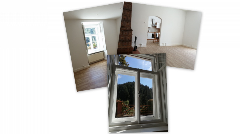 Renoviertes Kastenfenster, Jugendstilkachelofen, Einbauküche
